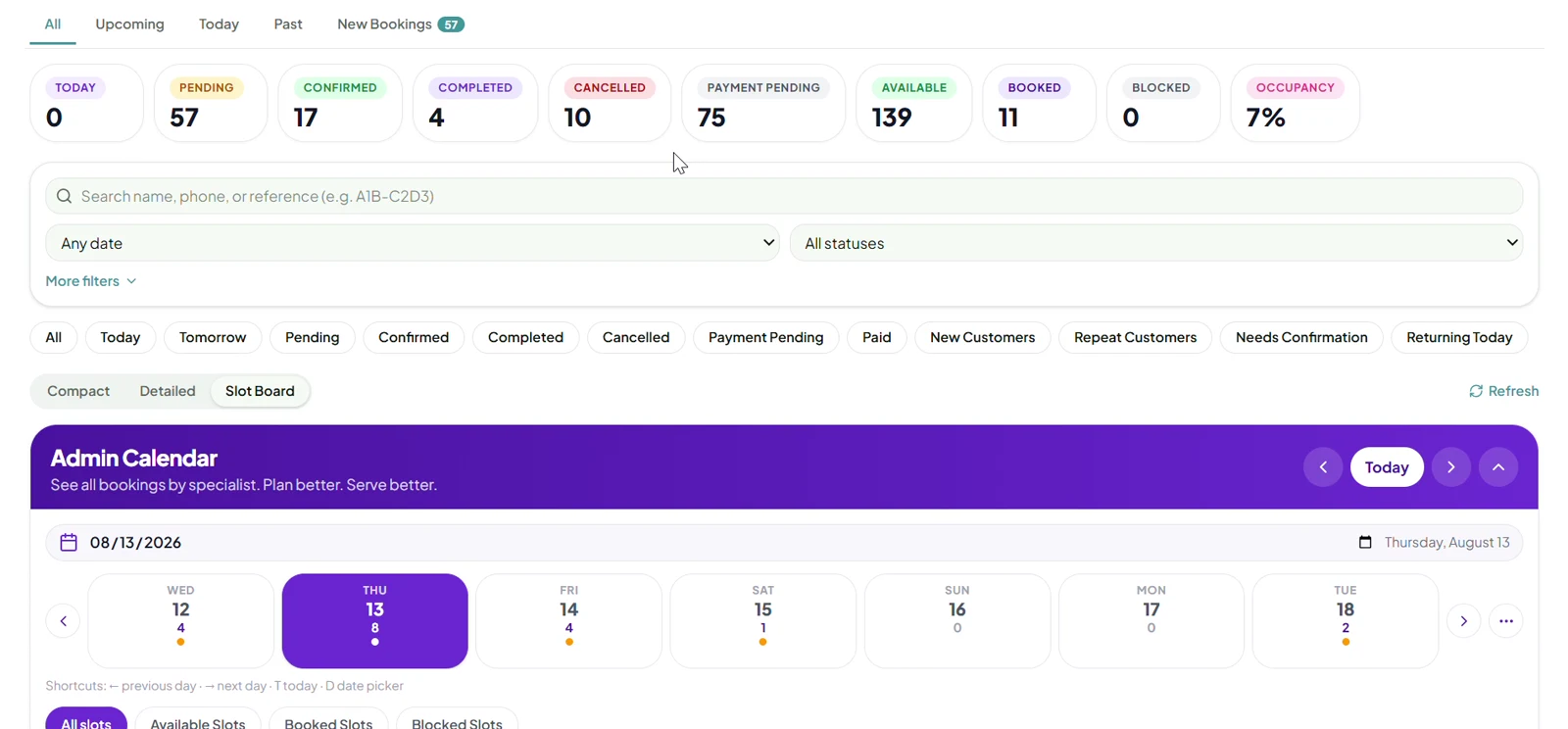 Book4Now live specialist calendar with bookings, availability and daily status totals