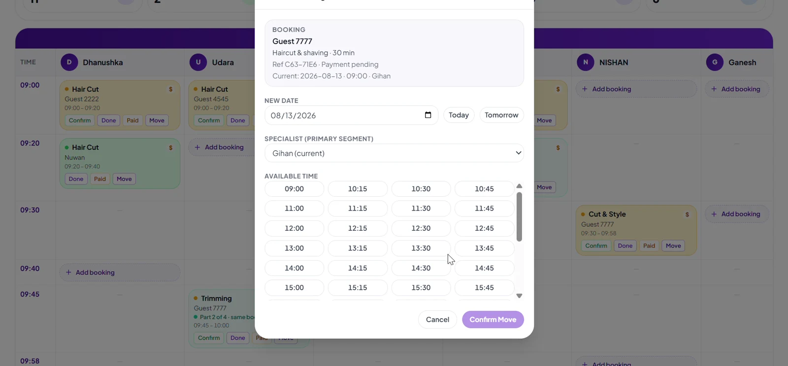 Book4Now move booking panel with booking details, date, specialist and available times