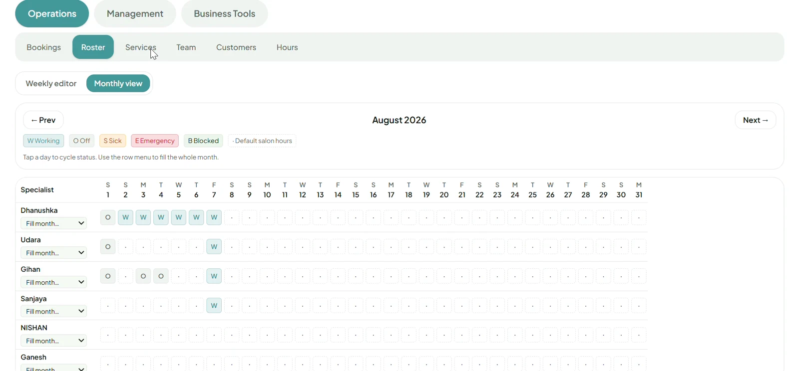 Book4Now monthly specialist roster with working and availability status controls