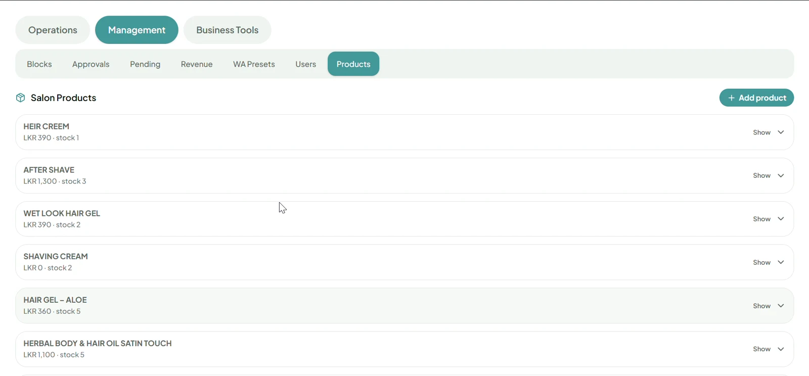 Book4Now beauty product management list with prices, stock and add product control