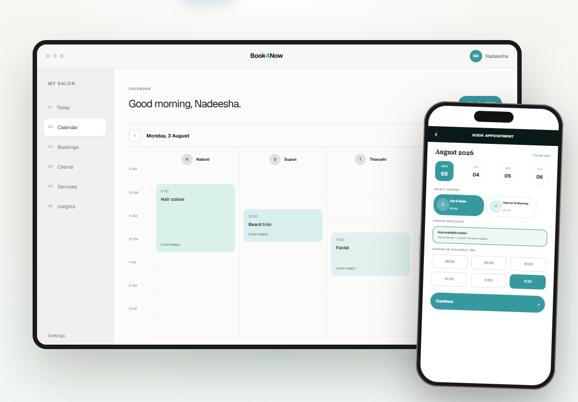 Book4Now salon calendar and customer booking screen working together