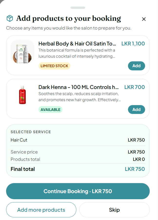 Add products to a salon booking with a live order total